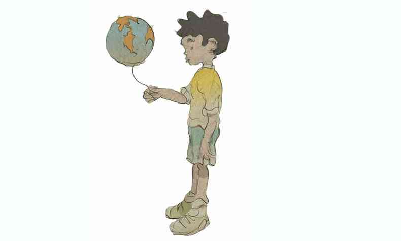 Ilustrao mostra menino segurando um balo com a forma do planeta Terra