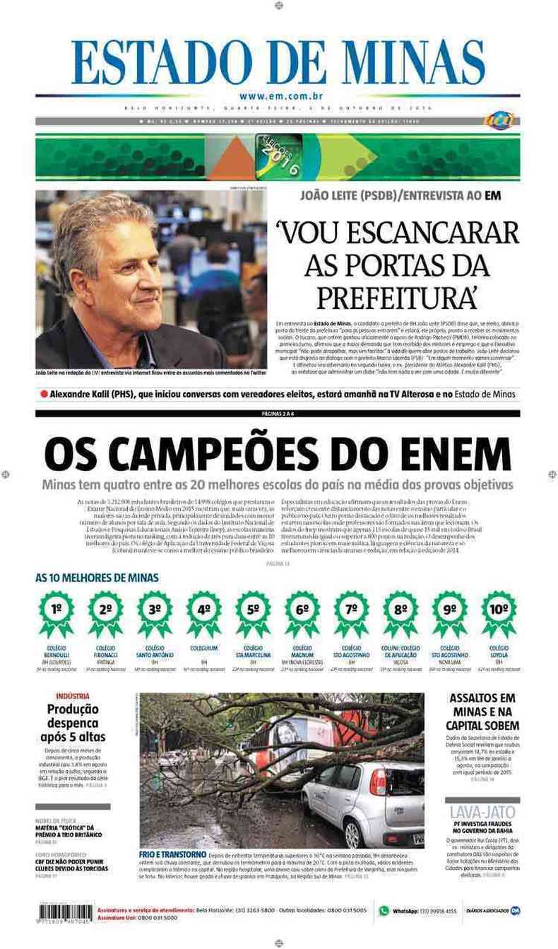 Confira a Capa do Jornal Estado de Minas do dia 05/10/2016