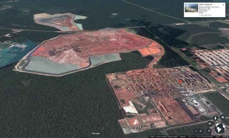 Captura de tela feita do Google Earth em 29 de agosto de 2019 mostra a Hydro Alunorte em Barcarena, assim como os depsitos DSR-1 e DSR-2 ( .)