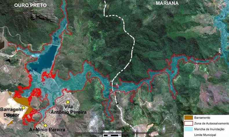 Mapa da Defesa Civil mostra rea de inundao em caso de rompimento da barragem(foto: Defesa Civil de Minas Gerais/Divulgao)