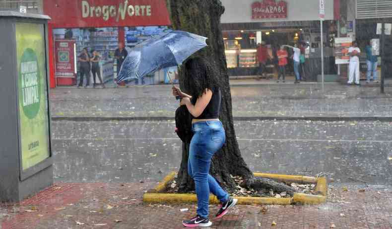 Mulher anda com guarda chuva no centro de BH.