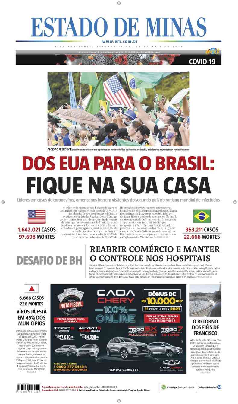 Confira a Capa do Jornal Estado de Minas do dia 25/05/2020(foto: Estado de Minas)