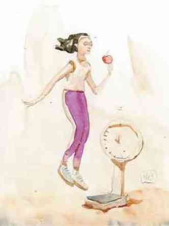ilustrao mostra mulher com roupa de ginstica comendo ma em frente  balana