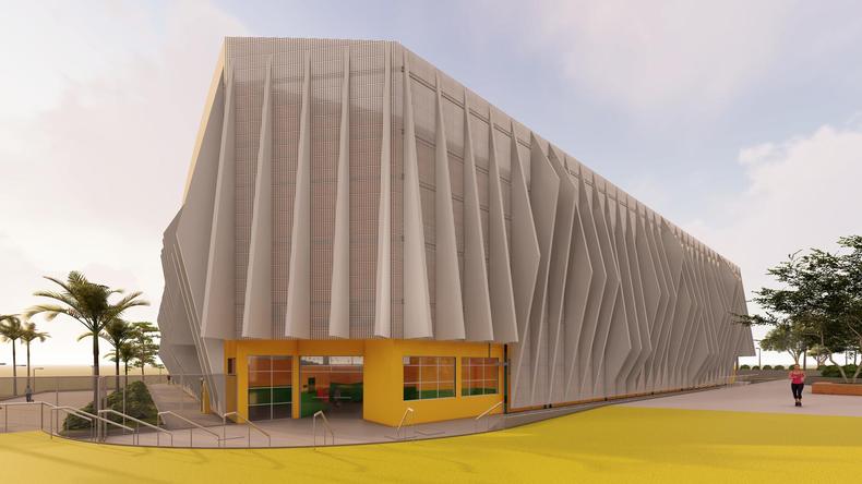 Perspectiva do ginsio de Paracatu/MG. A proposta  oferecer diversas modalidades esportivas, com tecnologia e sustentabilidade, aproveitando os recursos favorveis ao redor.