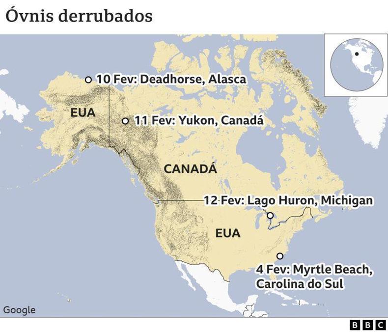 Mapa da Amrica do Norte com 4 pontos onde objetos voadores foram abatidos