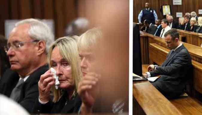 June Steenkamp, me de Reeva Steenkamp, enxuga os olhos durante a abertura do julgamento na frica do Sul (foto: THEMBA HADEBE / POOL / AFP)
