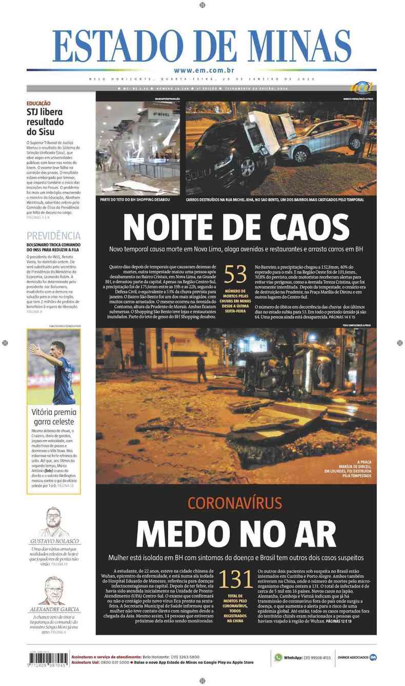 Confira a Capa do Jornal Estado de Minas do dia 29/01/2020(foto: Estado de Minas)