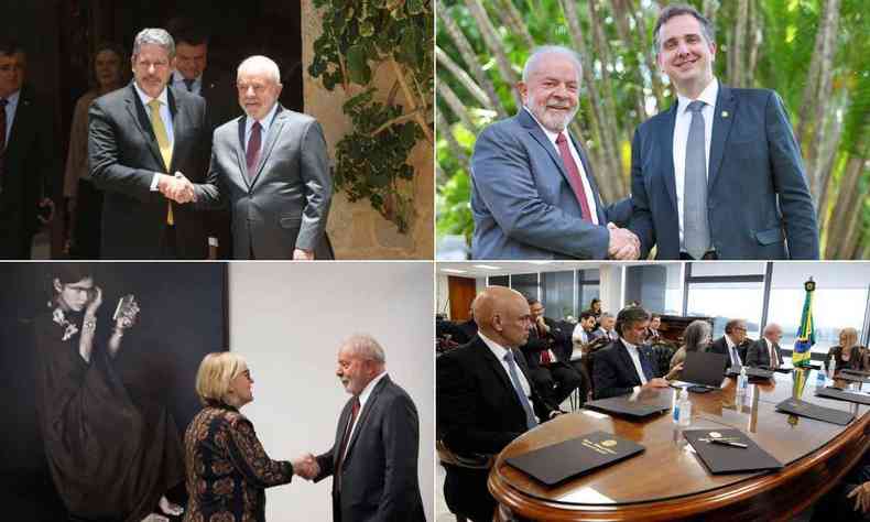Fotomontagem com Lula se encontrando com Lira, Pacheco, Weber e ministros do STF