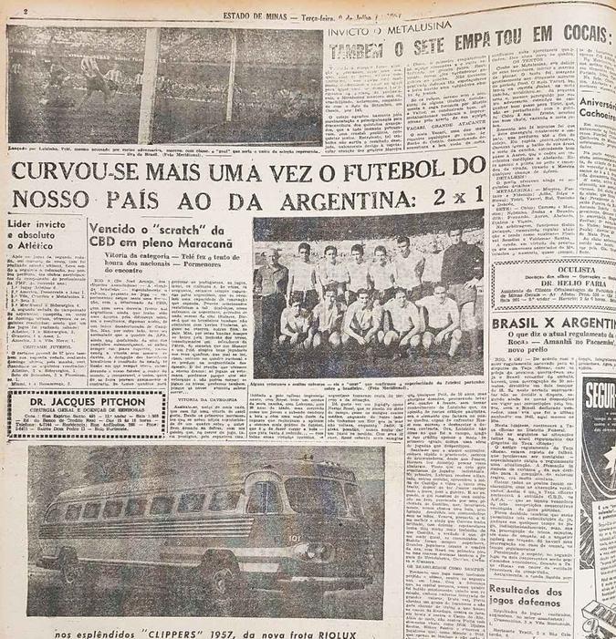 Em 9 de julho de 1957, o Estado de Minas publicava a primeira foto de Pelé, em jogo da Seleção contra a Argentina(foto: Reprodução) Em 9 de julho de 1957, o Estado de Minas publicava a primeira foto de Pelé, em jogo da Seleção contra a Argentina(foto: Reprodução)