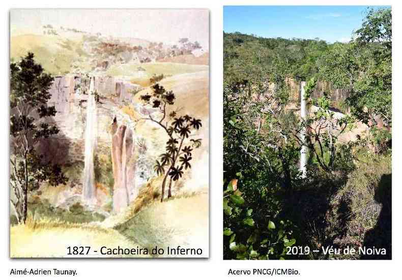 Imagens da cachoeira Vu da Noiva, sem e com vegetao densa.