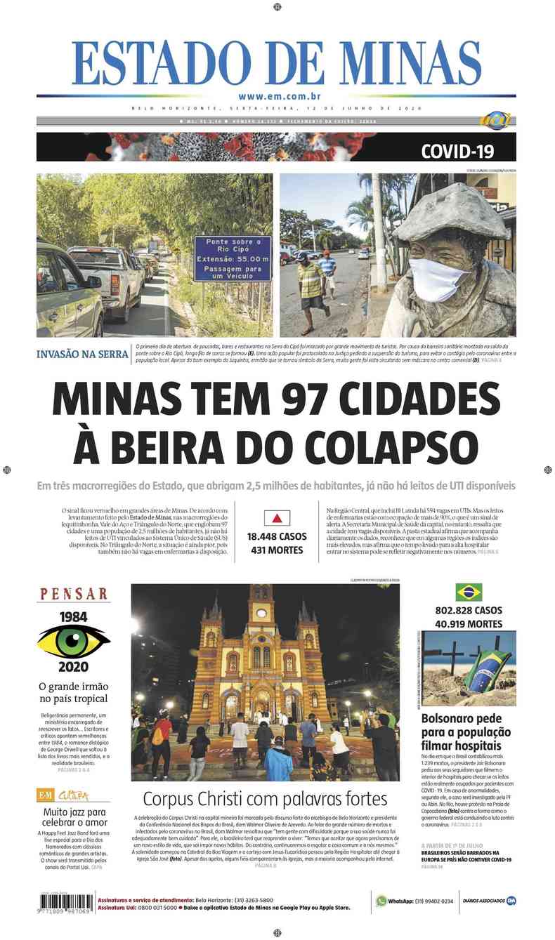 Confira a Capa do Jornal Estado de Minas do dia 12/06/2020(foto: Estado de Minas)