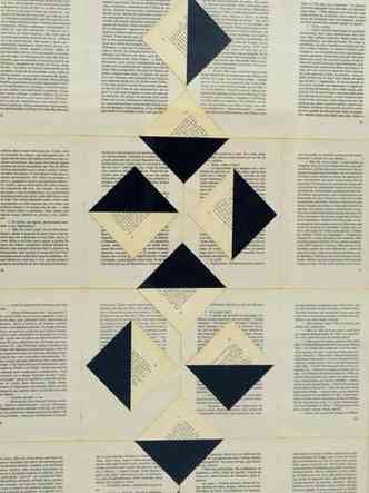 Quadro com motivos geomtricos de Jean Belmonte se espelha em pgina de jornal impresso 