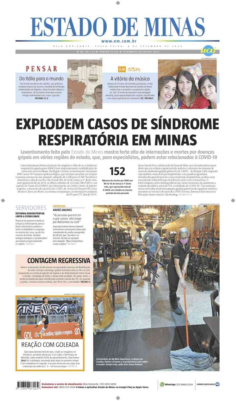 Confira a Capa do Jornal Estado de Minas do dia 04/09/2020(foto: Estado de Minas)