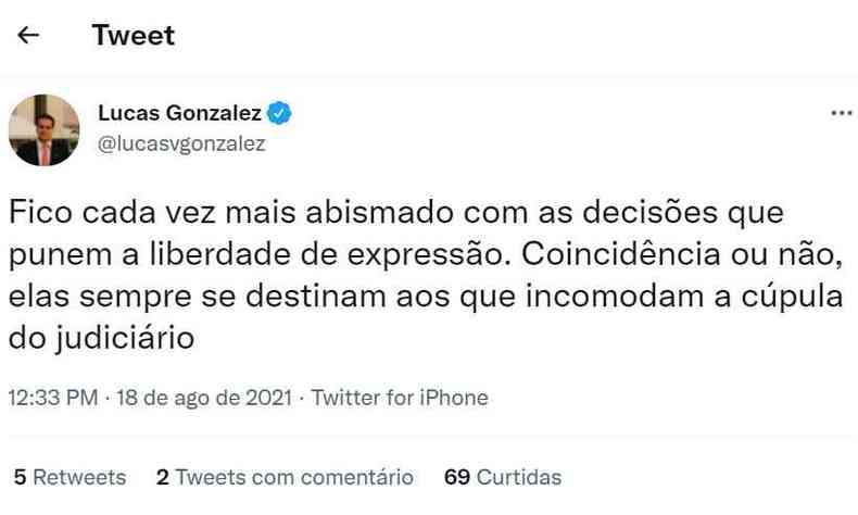 Posicionamento do deputado federal Lucas Gonzalez publicado no Twitter(foto: Reproduo/Twitter Lucas Gonzalez)