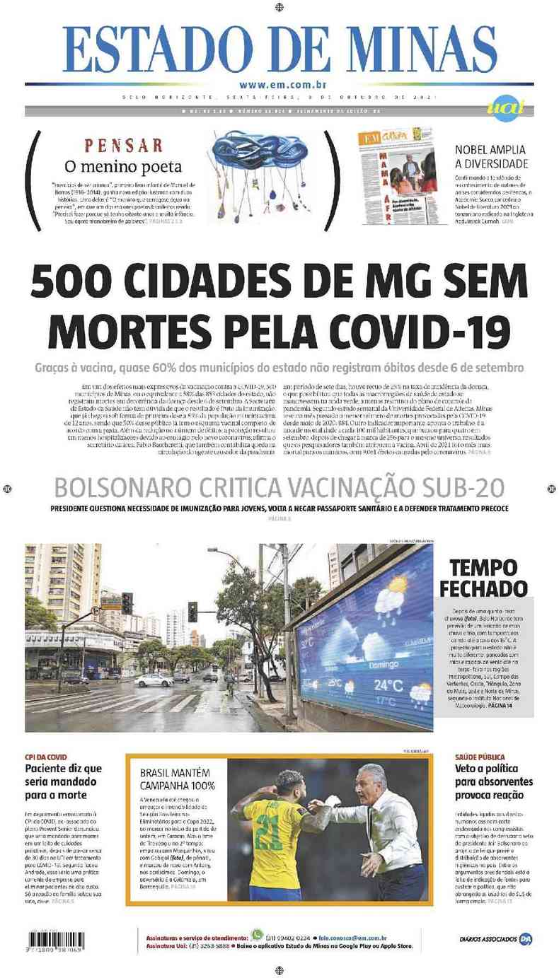 Confira a Capa do Jornal Estado de Minas do dia 08/10/2021
