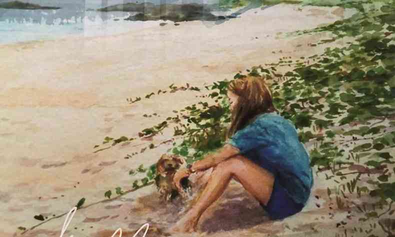 Aquarela de Mrio Bhering traz menina e um cachorrinho sentados na praia, tendo ao fundo o mar