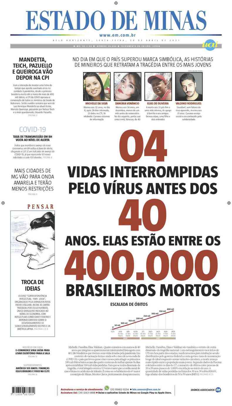 Confira a Capa do Jornal Estado de Minas do dia 30/04/2021(foto: Estado de Minas)