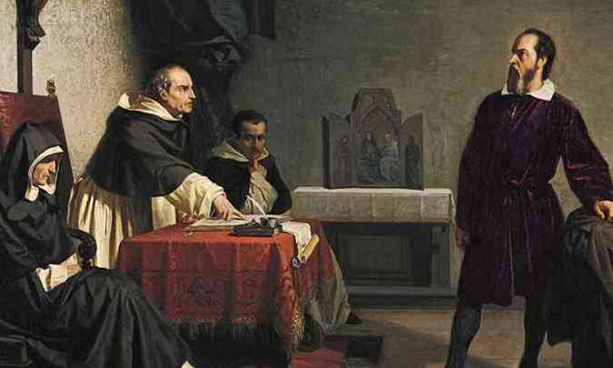 Galileu sendo acusado de herege pelo promotor Vincezo Maculano da Santa Inquisição.(foto: Cristiano Banti - 1857)