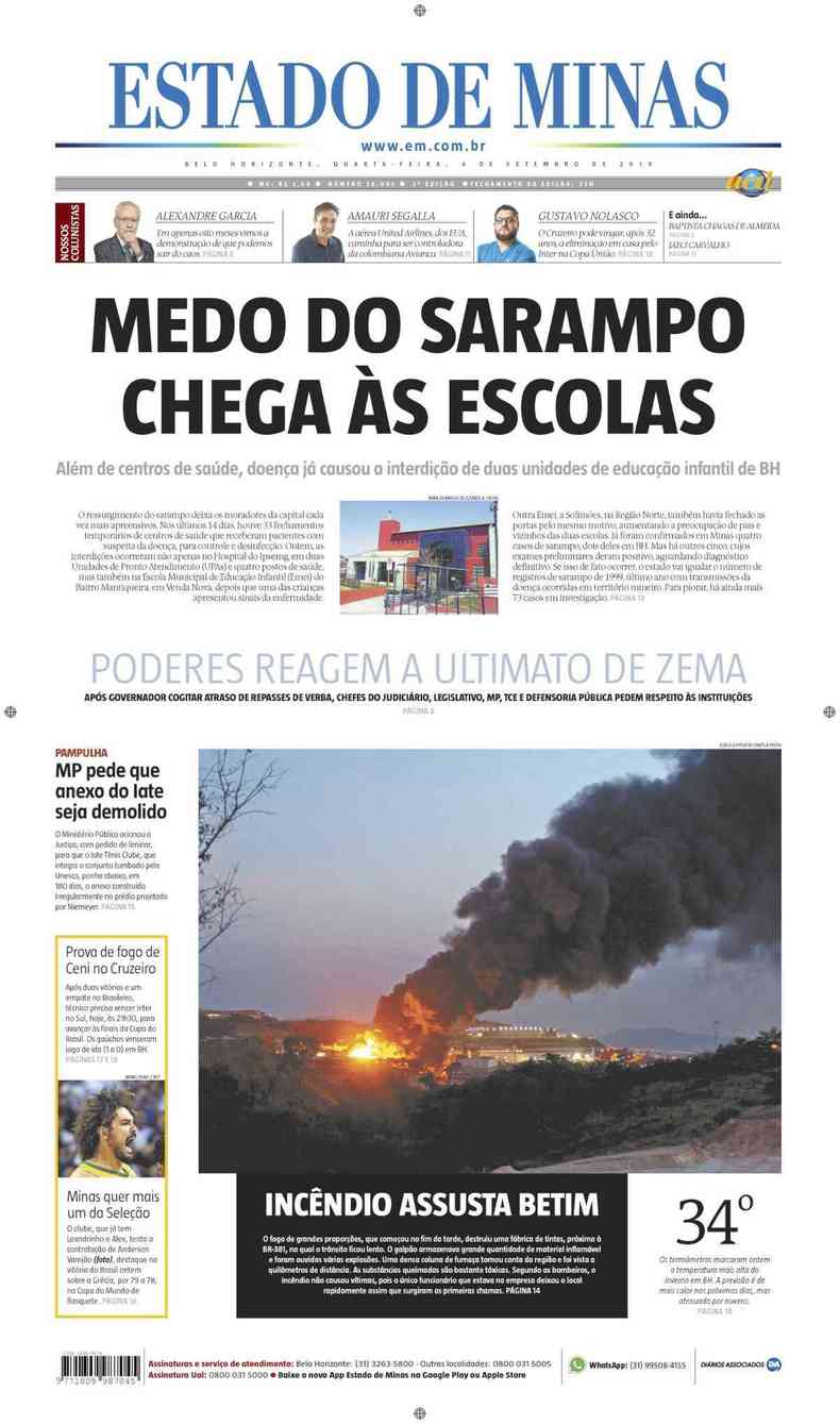 Confira a Capa do Jornal Estado de Minas do dia 04/09/2019(foto: Estado de Minas)