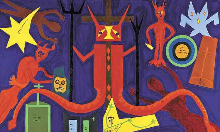 Obra em  Acrlico sobre tela, 80 x 127 cm, de Abdias Nascimento, chamada 'O vale de Exu'