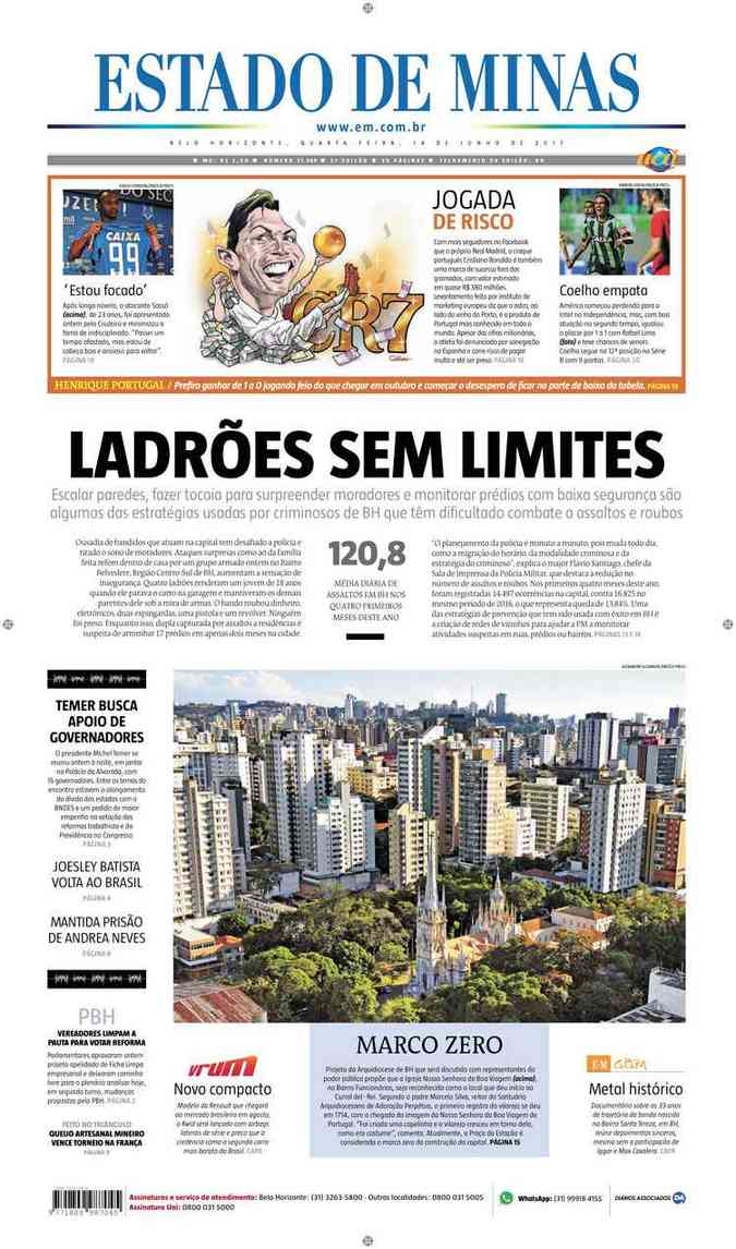 Confira a Capa do Jornal Estado de Minas do dia 14/06/2017