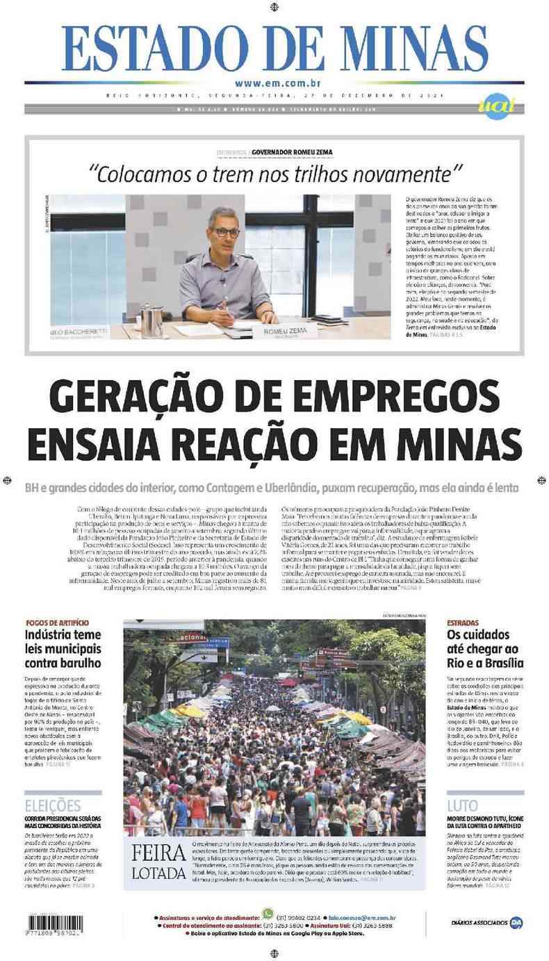 Confira a Capa do Jornal Estado de Minas do dia 27/12/2021