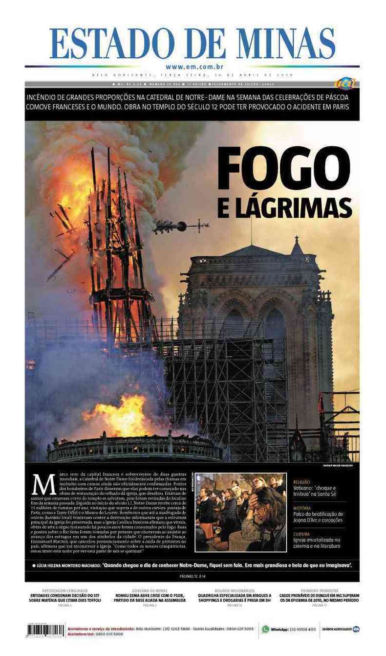 Confira a Capa do Jornal Estado de Minas do dia 16/04/2019(foto: Estado de Minas)