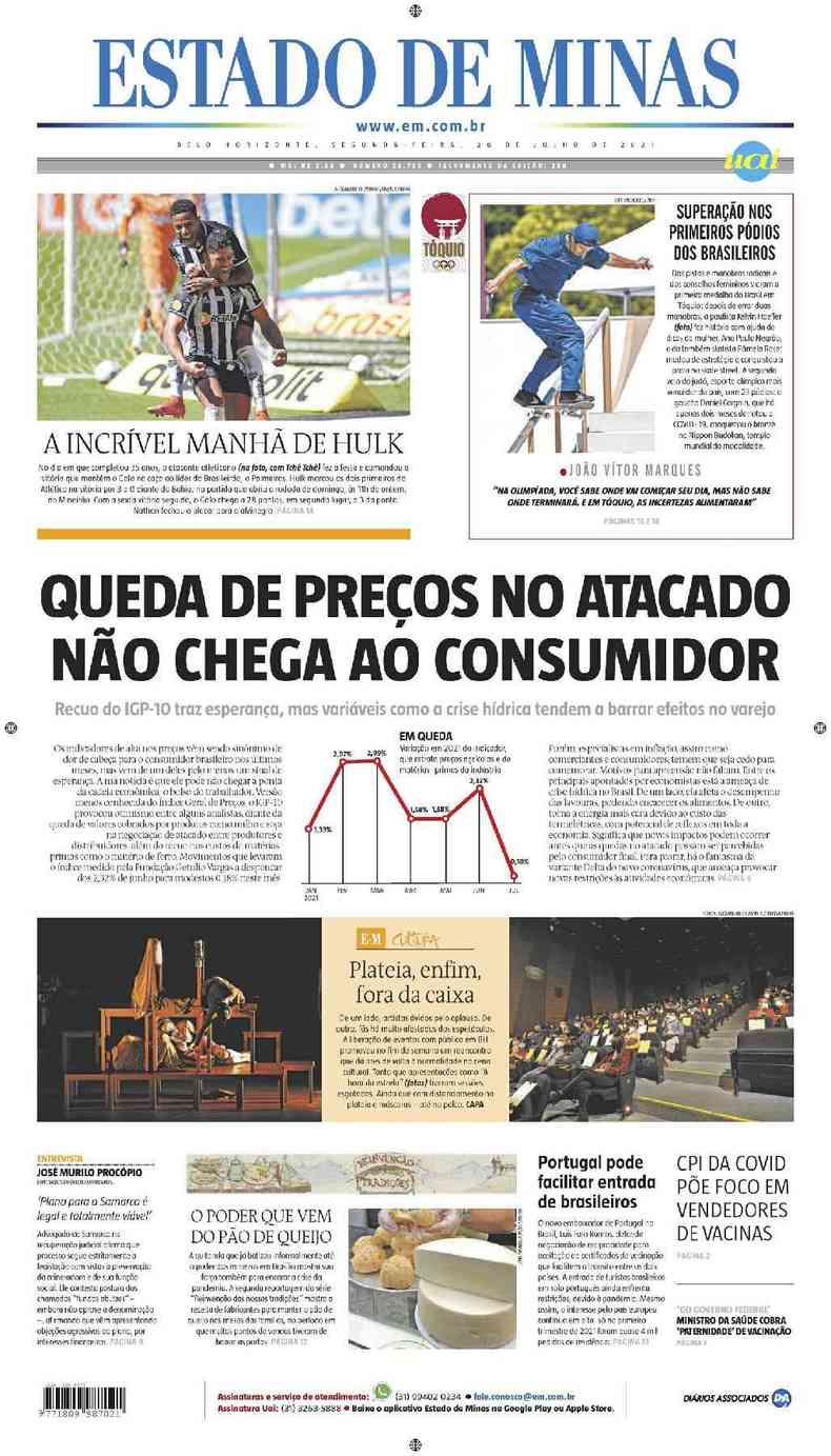 Confira a Capa do Jornal Estado de Minas do dia 26/07/2021(foto: Estado de Minas)