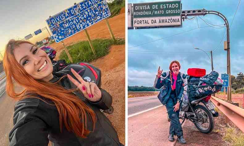 Montagem de fotos mostra Celina diante de placas em rodovias com sua moto