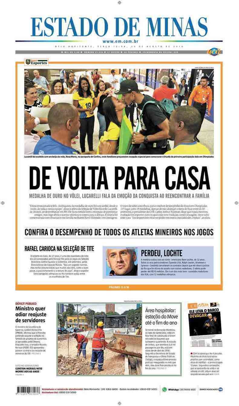 Confira a Capa do Jornal Estado de Minas do dia 23/08/2016