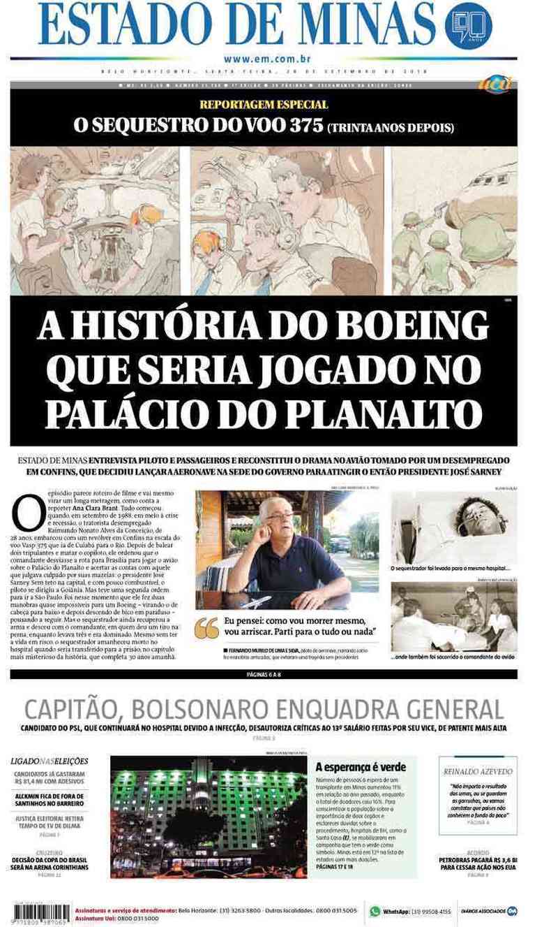 Confira a Capa do Jornal Estado de Minas do dia 28/09/2018(foto: Estado de Minas)