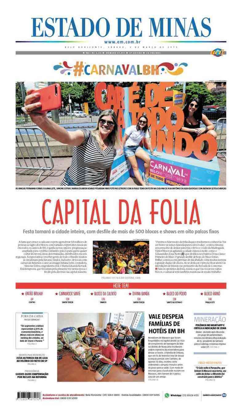Confira a Capa do Jornal Estado de Minas do dia 02/03/2019(foto: Estado de Minas)