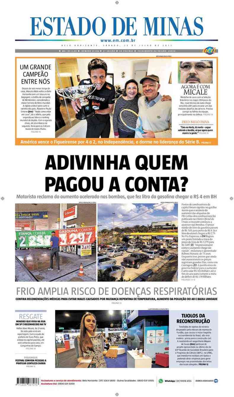 Confira a Capa do Jornal Estado de Minas do dia 22/07/2017