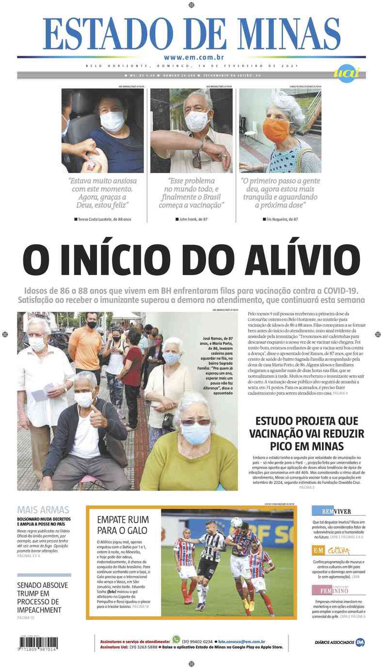 Confira a Capa do Jornal Estado de Minas do dia 14/02/2021(foto: Estado de Minas)