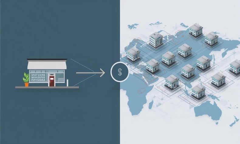 O franchising transforma estratégia em escala, crescimento em parceria e visão em legado empresarial.(foto: Canva IA) Ilustração mostra uma pequena loja única à esquerda evoluindo para várias unidades conectadas sobre um mapa-múndi, simbolizando a expansão de franquias.