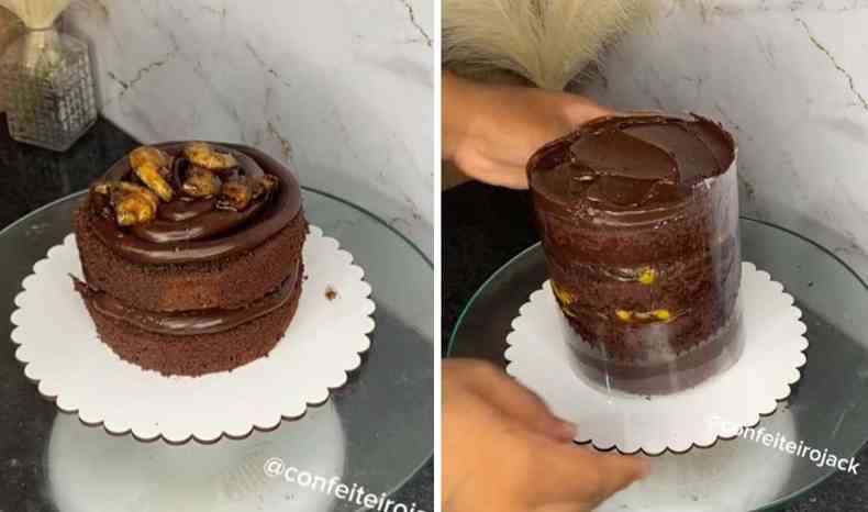 Montagem de bolo com chocolate e mostarda