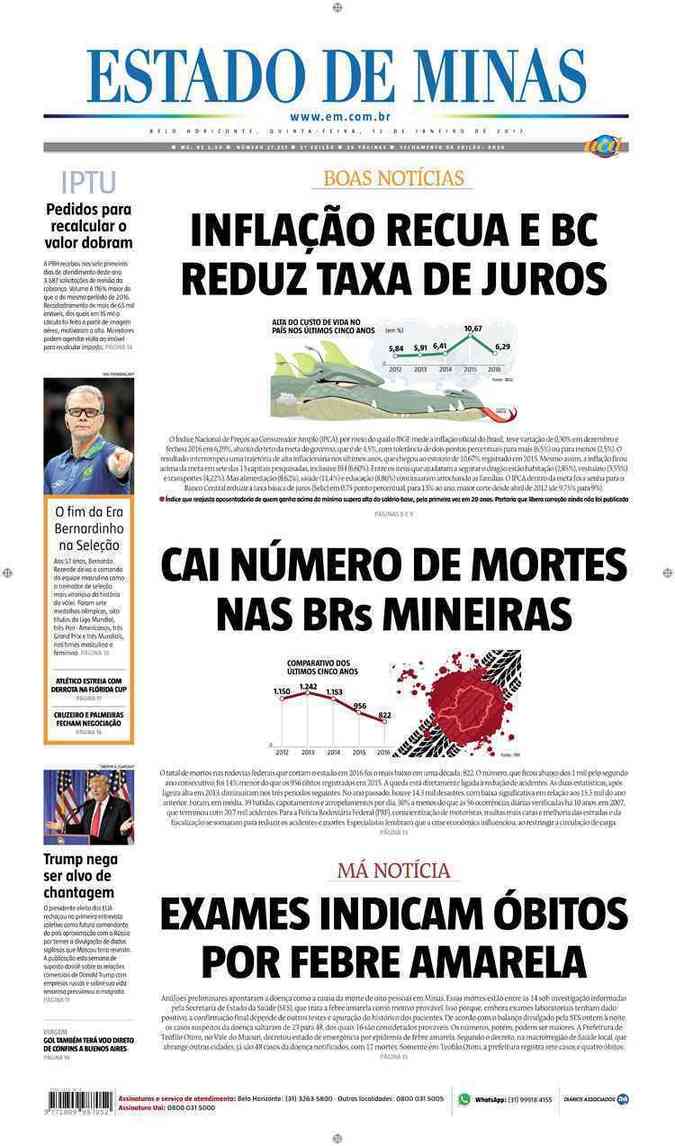 Confira a Capa do Jornal Estado de Minas do dia 12/01/2017