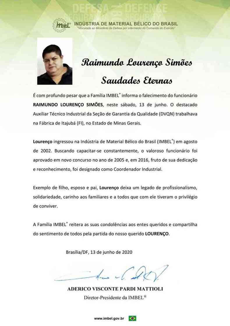 Carta de pesar da IMBEL pela morte de Raimundo Loureno Simes, de 53 anos(foto: IMBEL)