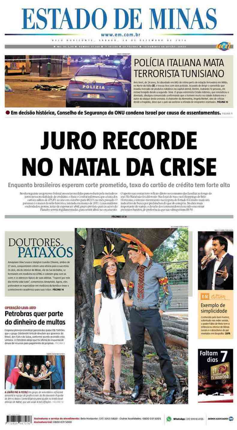 Confira a Capa do Jornal Estado de Minas do dia 24/12/2016
