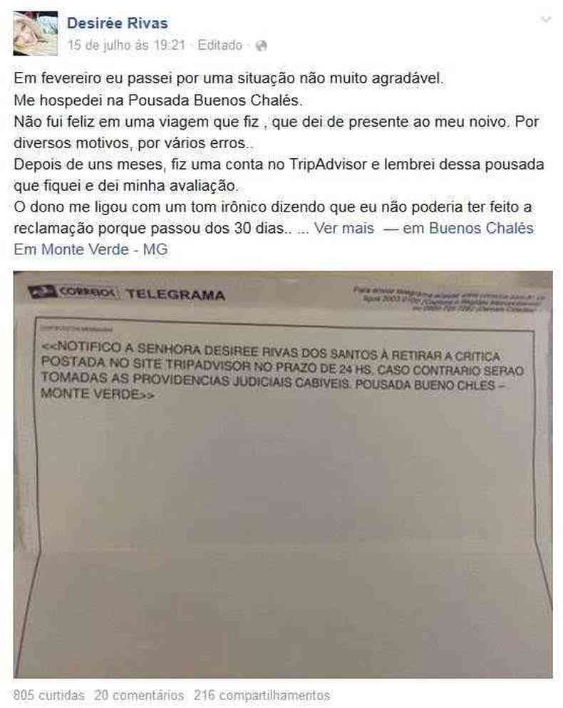 A consumidora recebeu telegrama com ameaa para retirar a postagem que havia feito na internet(foto: Reproduo Facebook )