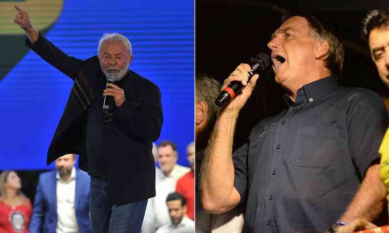 Lula a esquerda em discurso em BH e Bolsonaro  direita discursando na Praa da Liberdade 