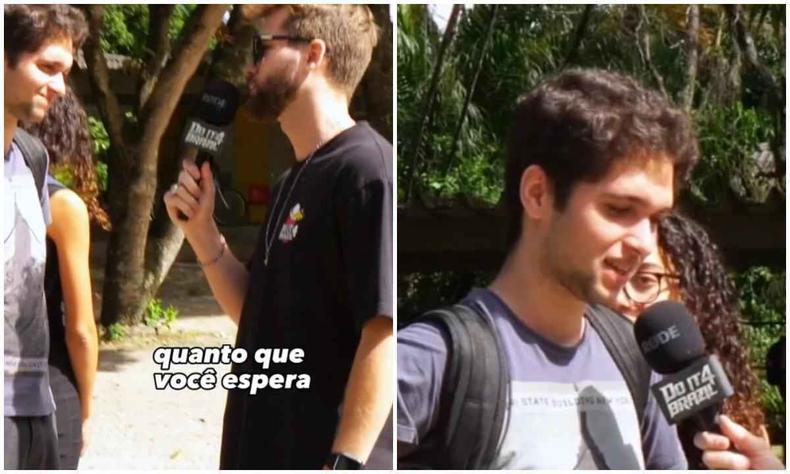 Estudante fala ao microfone em entrevista. Ele  um jovem branco, em torno de 20 anos, est com mochila nas costas enquanto fala com o apresentador. 