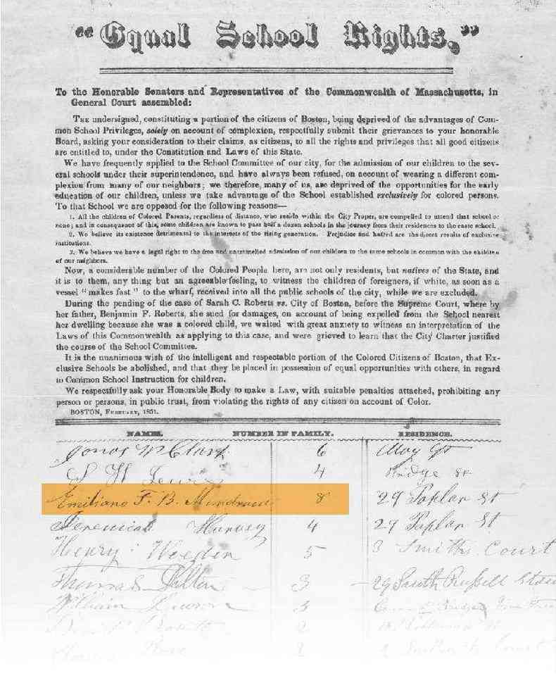 Petio pelo fim da segregao racial nas escolas de Boston assinada por Mundrucu em 1851(foto: Harvard Library)