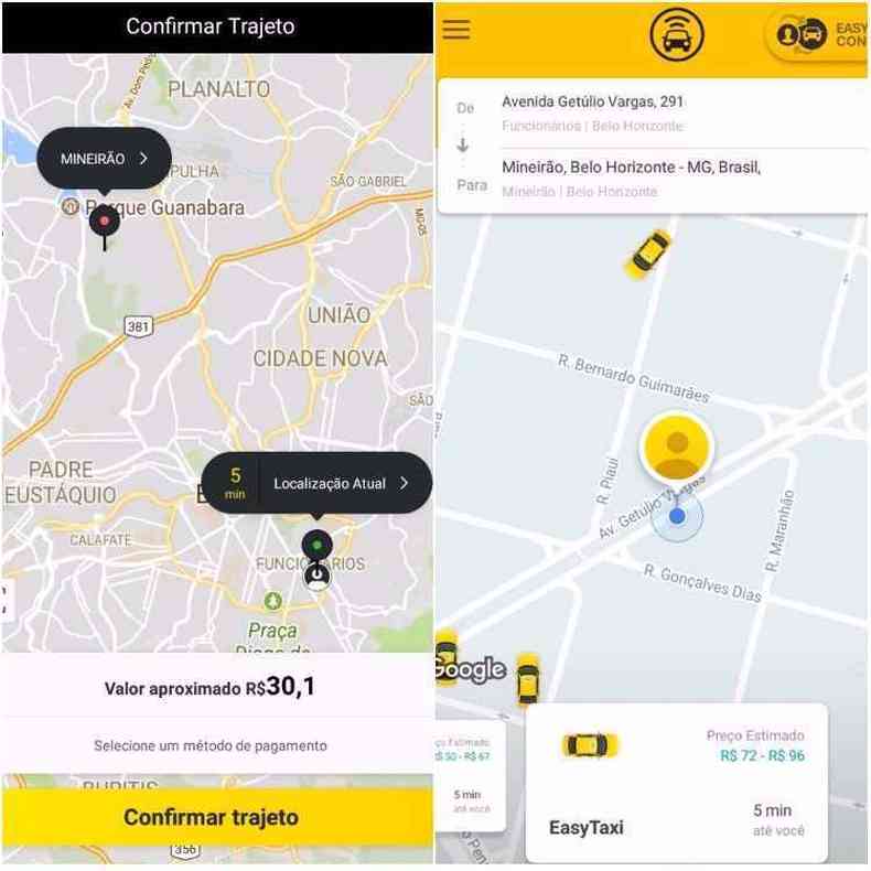 Na imagem da esquerda, 99POP oferece uma corrida, saindo da redao do Estado de Minas, por 30, aproximadamente. Na captura de tela da direita, o EasyTaxi faz uma estimativa acima do dobro da concorrente. (foto: Internet)