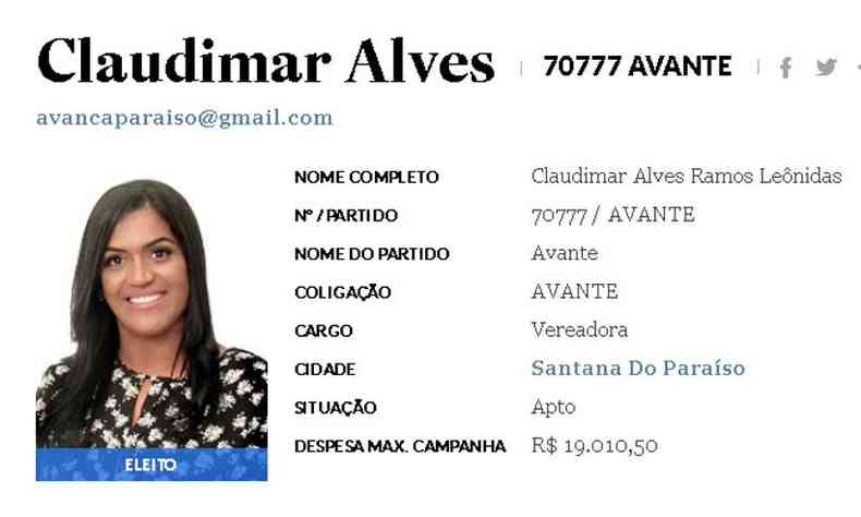 Claudimar Alves Ramos Leônidas (Avante), vereadora de Santana do Paraíso-MG 
