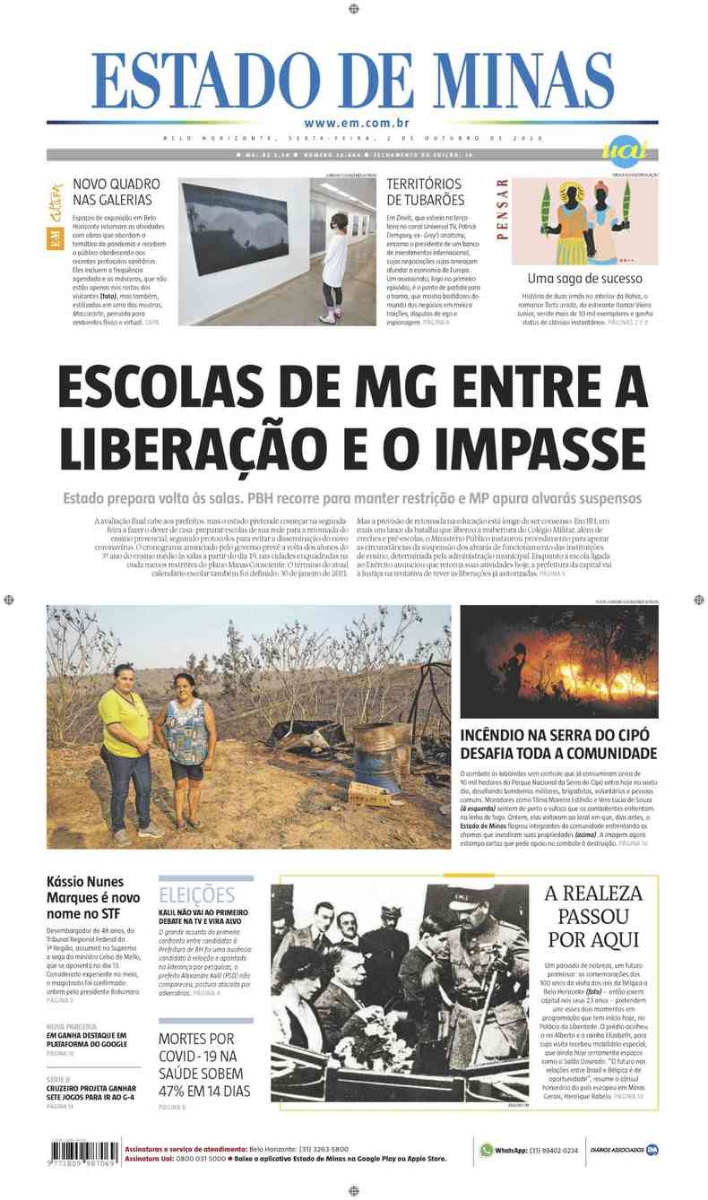 Confira a Capa do Jornal Estado de Minas do dia 02/10/2020(foto: Estado de Minas)