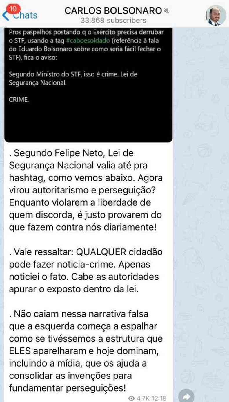Carlos Bolsonaro no Telegram(foto: Telegram/Reproduo)