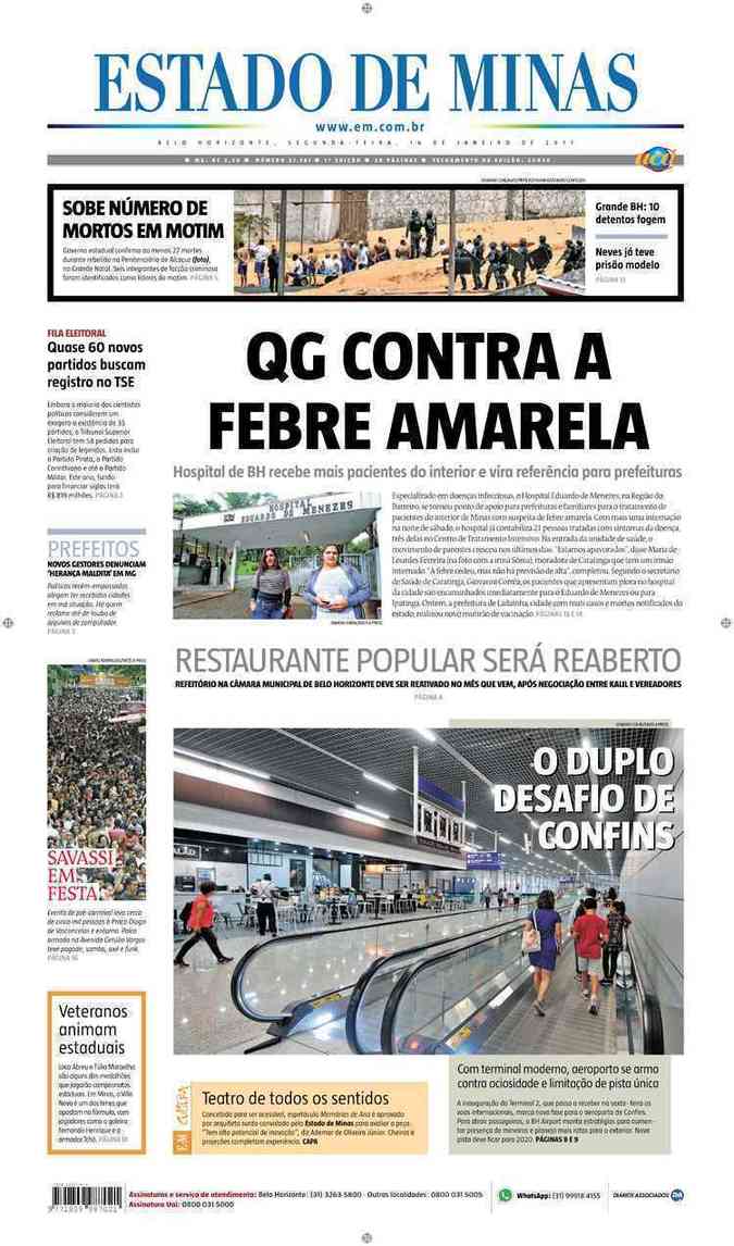 Confira a Capa do Jornal Estado de Minas do dia 16/01/2017