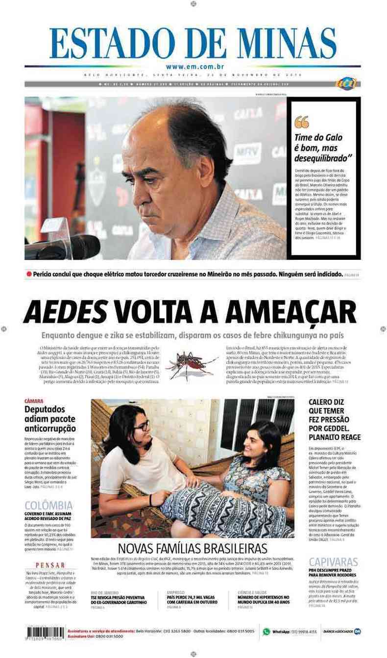 Confira a Capa do Jornal Estado de Minas do dia 25/11/2016