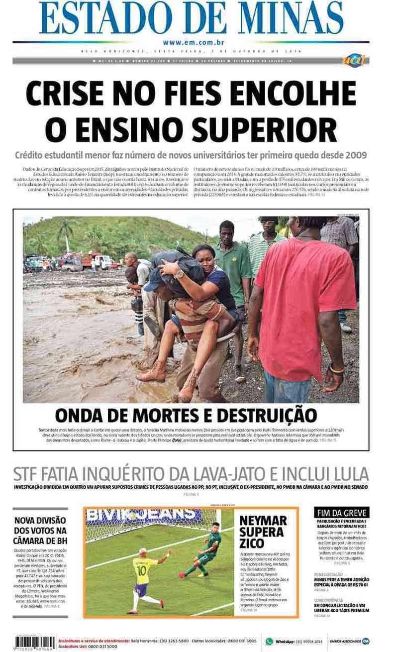 Confira a Capa do Jornal Estado de Minas do dia 07/10/2016